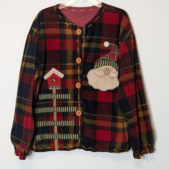 Burgundy Plaid Button Christmas Holiday Fleece Cardigan; Santa Claus; Size L-XL - Picture 1 of 5